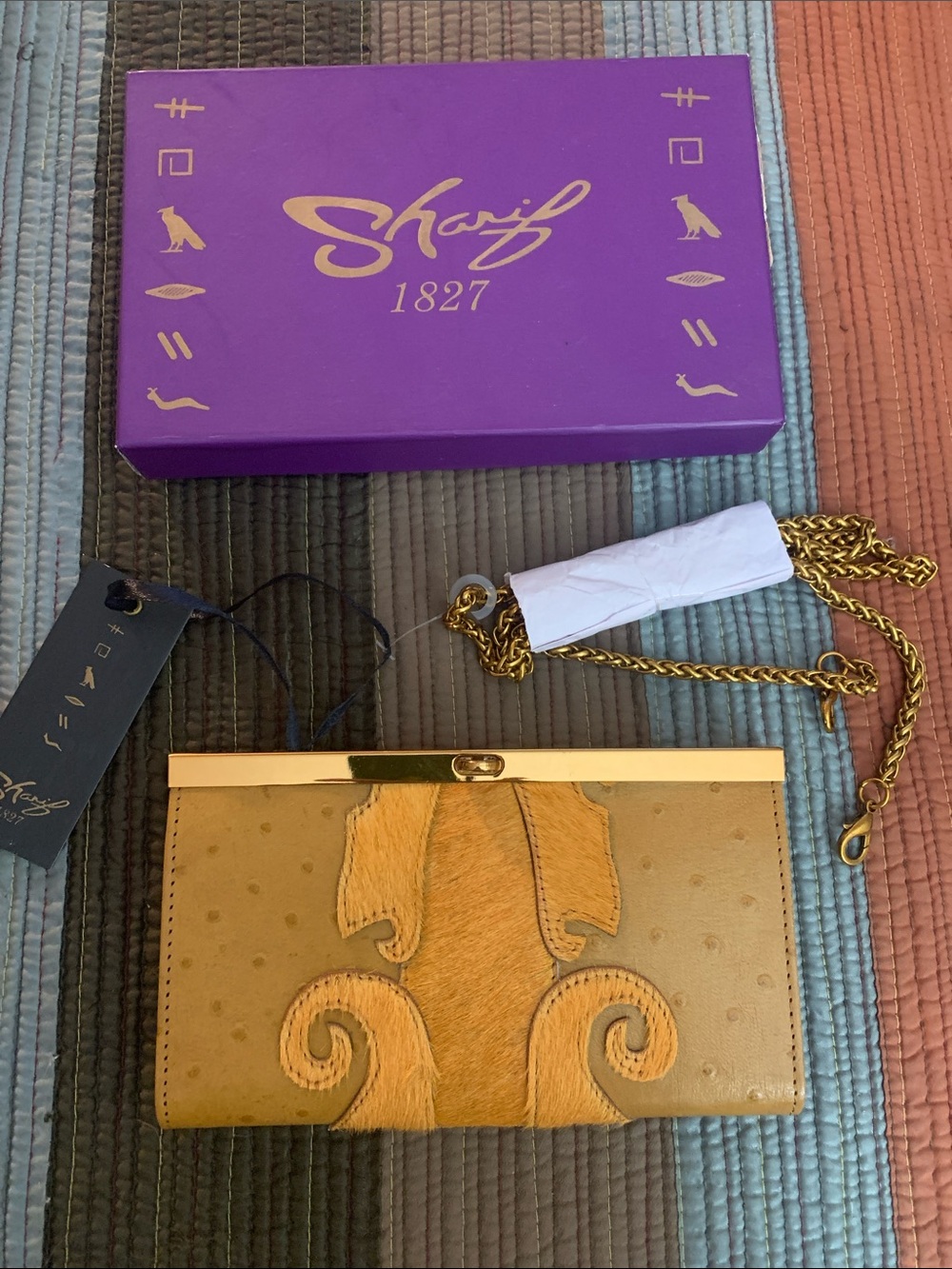 Sharif Gold Ostrich-Embossed Leather Chain Shoulder Bag